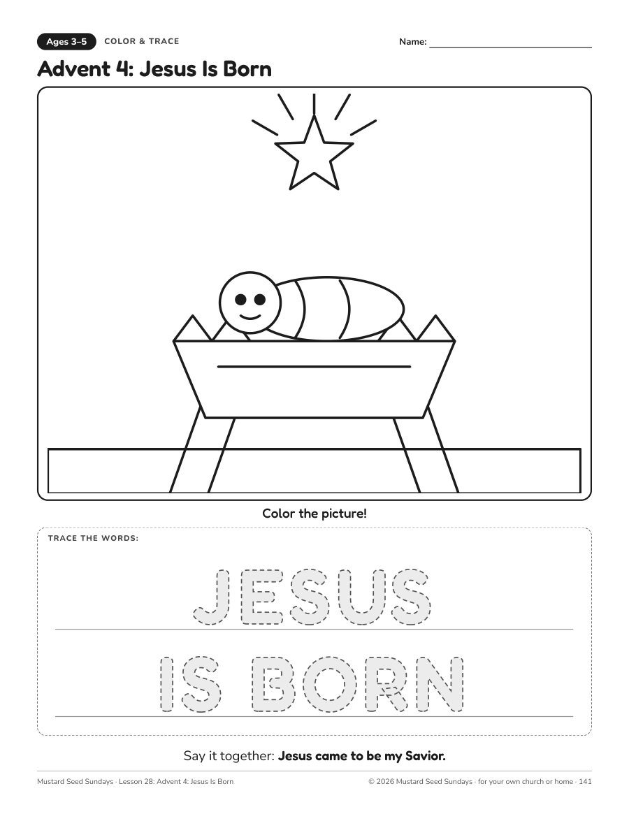 Ages 3–5 coloring and tracing page for Jesus Is Born