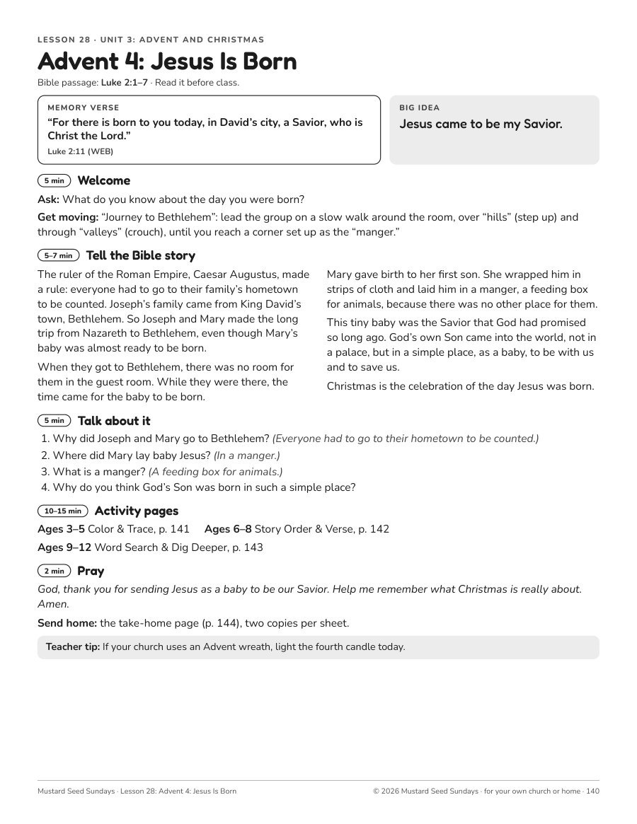Teacher page for Lesson 28, Jesus Is Born