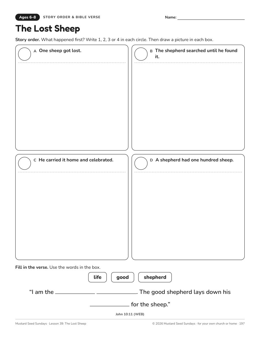 Ages 6–8 page from Lesson 39, The Lost Sheep, with the John 10:11 verse